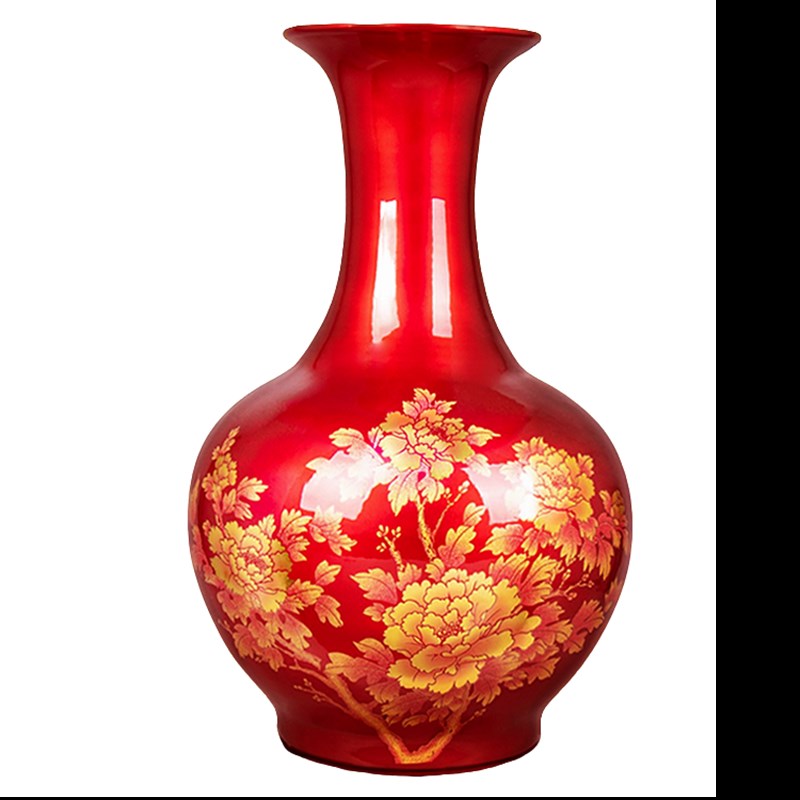 景德镇陶瓷器中国红花瓶摆件金沙水晶釉客厅电视柜玄关家居装饰品