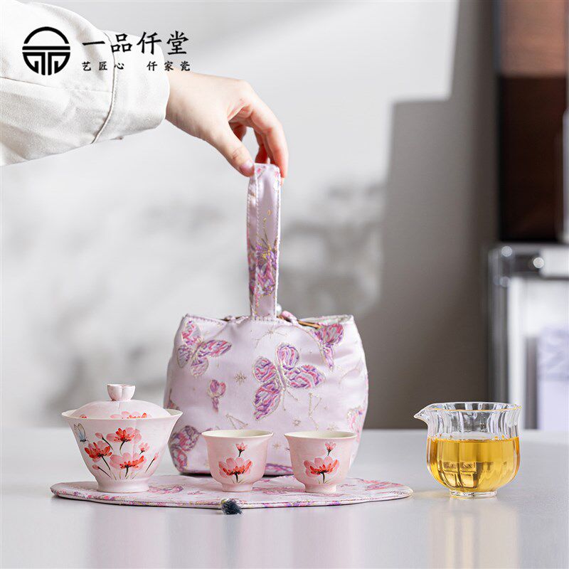 可携式收纳布包旅行茶具手绘茶壶中国风户外茶具一人饮下午茶送闺
