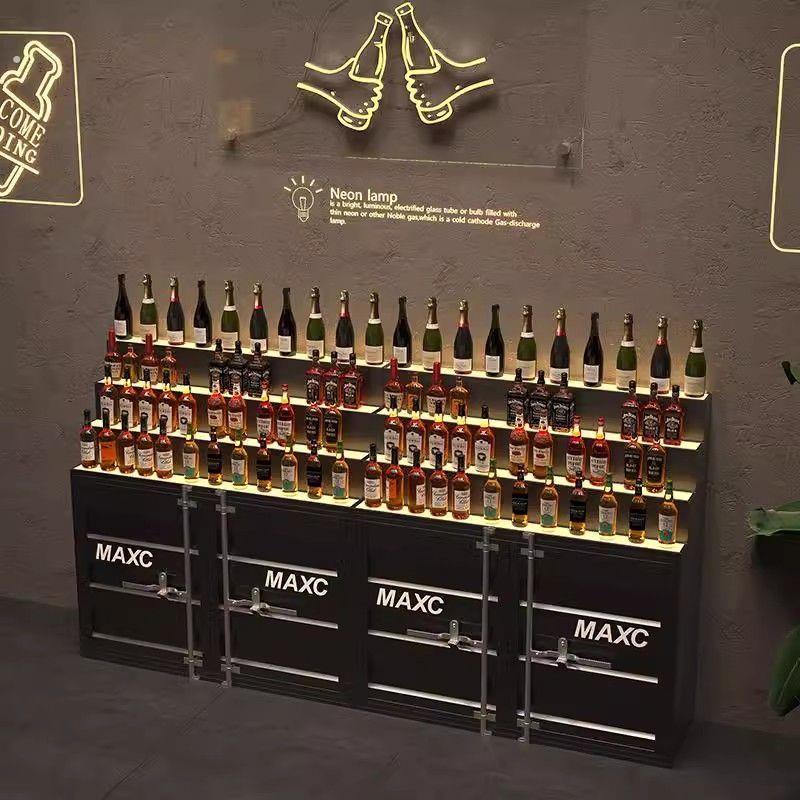 工业风集装箱酒水展示柜铁艺置物架发光红酒柜酒吧吧台威士忌酒架
