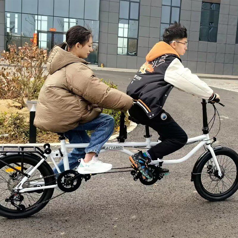 两折叠双人自行车套装两人骑行三人座亲子家庭车情侣景区观光单车