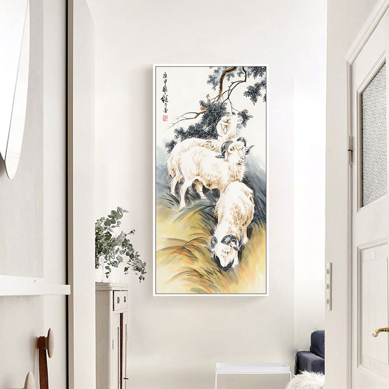 玄关装饰画竖版新中式风格挂画三羊开泰风水画书房茶室茶楼墙壁画
