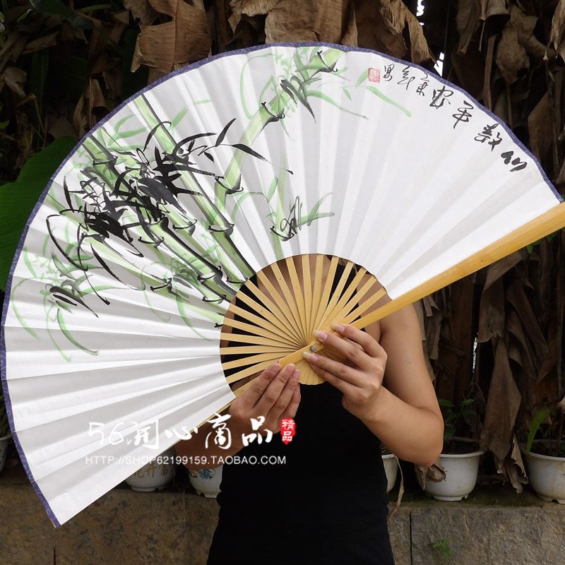 超大挂扇中国风工艺折扇子 书房客厅 装饰扇纯手绘竹子竹报平安