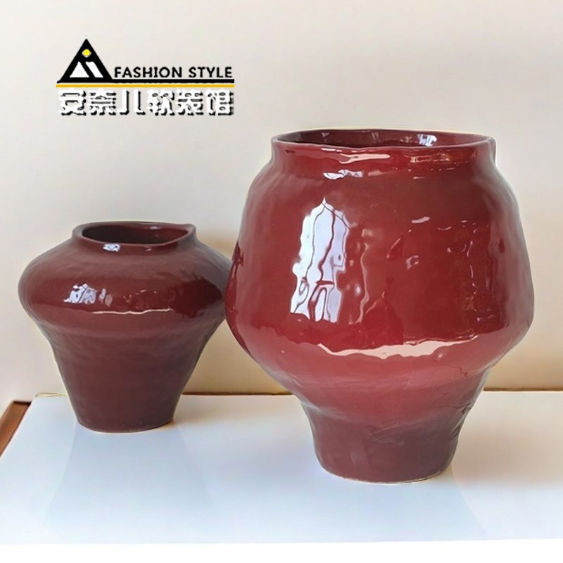 手作红色亮釉陶瓷花瓶肌理质感陶艺插花器新中式家居民宿装饰摆件