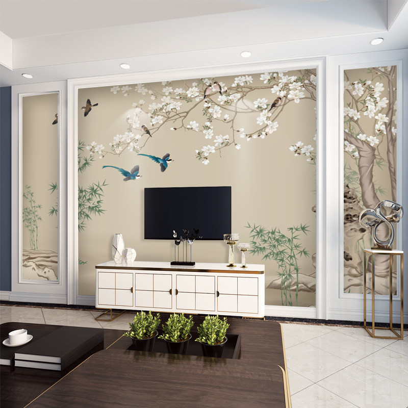 3d中式花鸟电视背景墙壁纸欧式手绘玉兰壁纸卧室沙发无缝壁画墙布