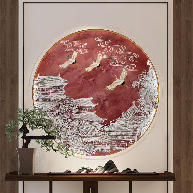 新中式圆形装饰画餐厅走廊过道玄关3d立体浮雕客厅壁画画芯壁纸8d