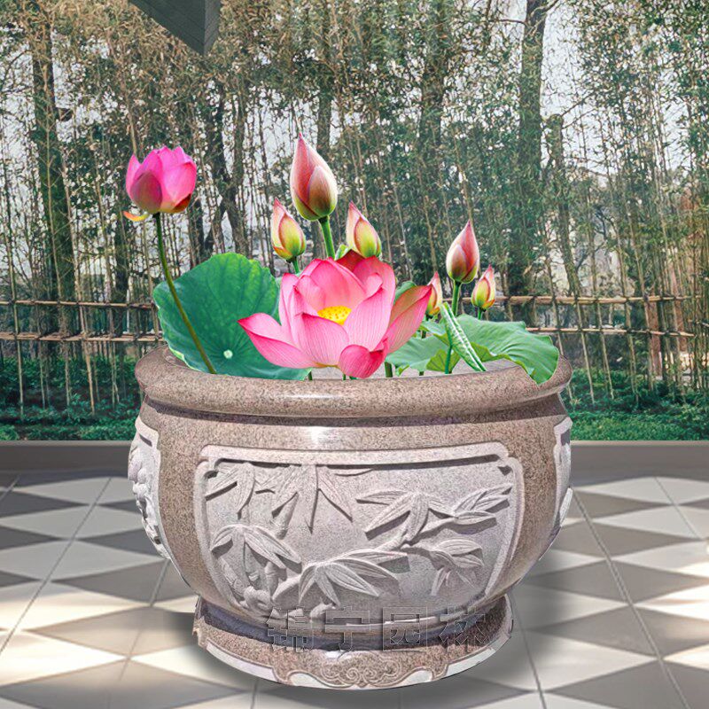 花岗岩石雕花盆门海鱼缸荷花盆圆缸庭院室内园林景观天然石材摆件