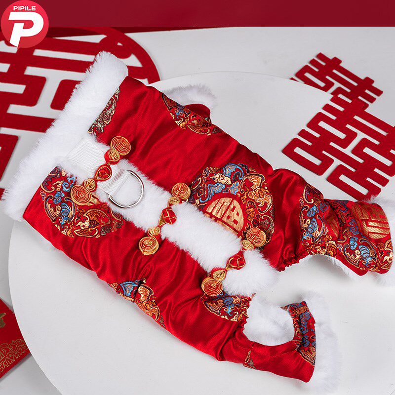 宠物小狗衣服秋冬款柯基比熊泰迪加绒加厚保暖锦缎唐装新年拜年服