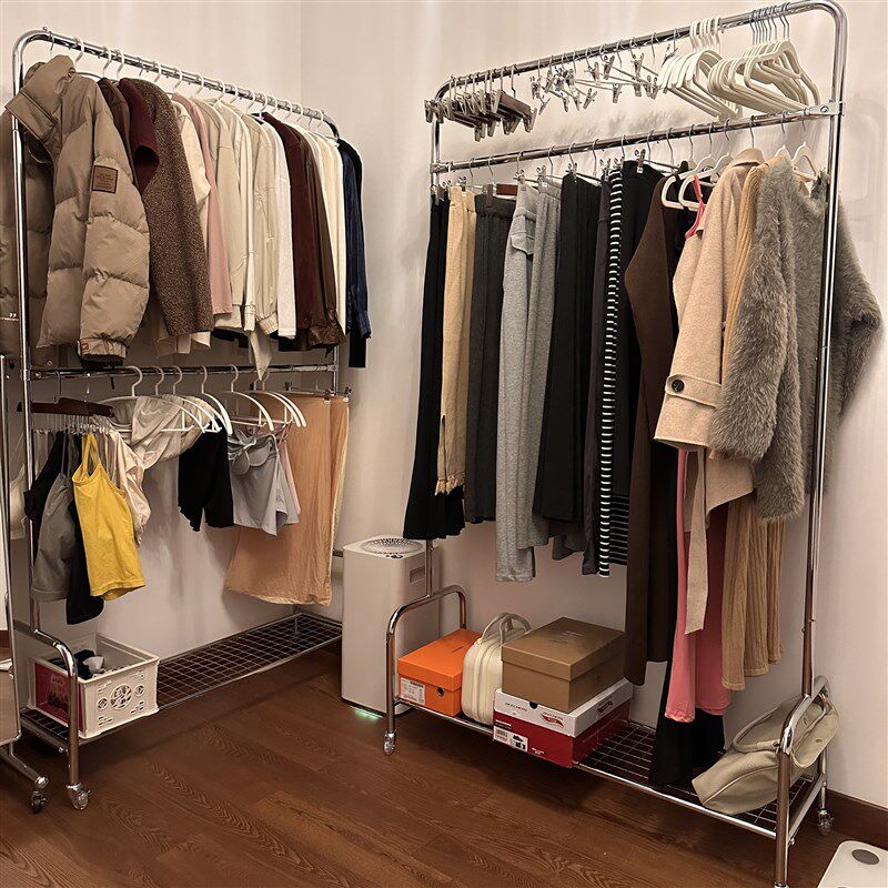 亮银加厚升级承重双层落地衣帽架晾衣杆可调节服装店晾衣展示架