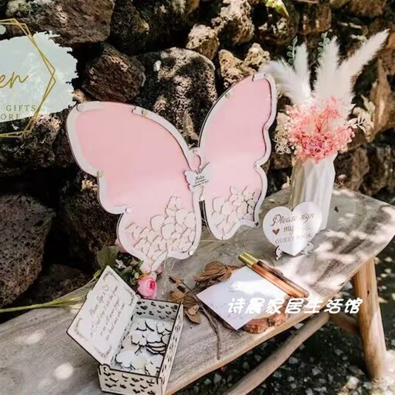 定制亚克力婚礼签到框蝴蝶形状爱心木片签到桌面北欧欧式摆件备婚