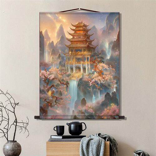 蓬莱仙境挂画新中式山水丝绸挂画仙家堂口客厅背景墙装饰卷轴画