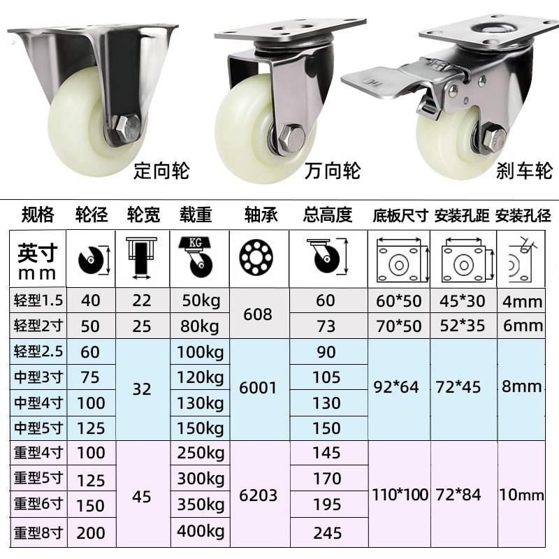 中型不锈钢脚轮304重型不锈钢轮3寸4寸5寸尼龙轮防锈推车轮