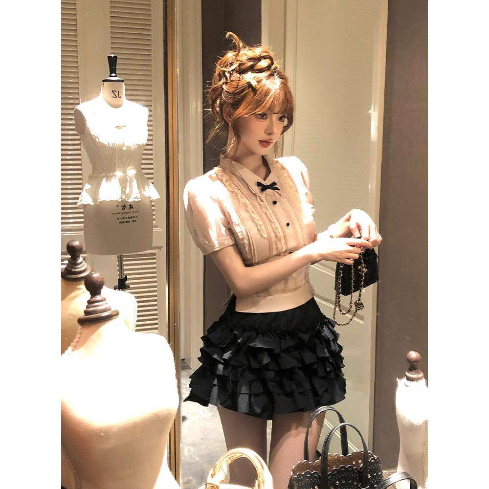 韩系独特荷叶边拼接短袖衬衫2025夏季新款别致绝美百搭修身上衣女