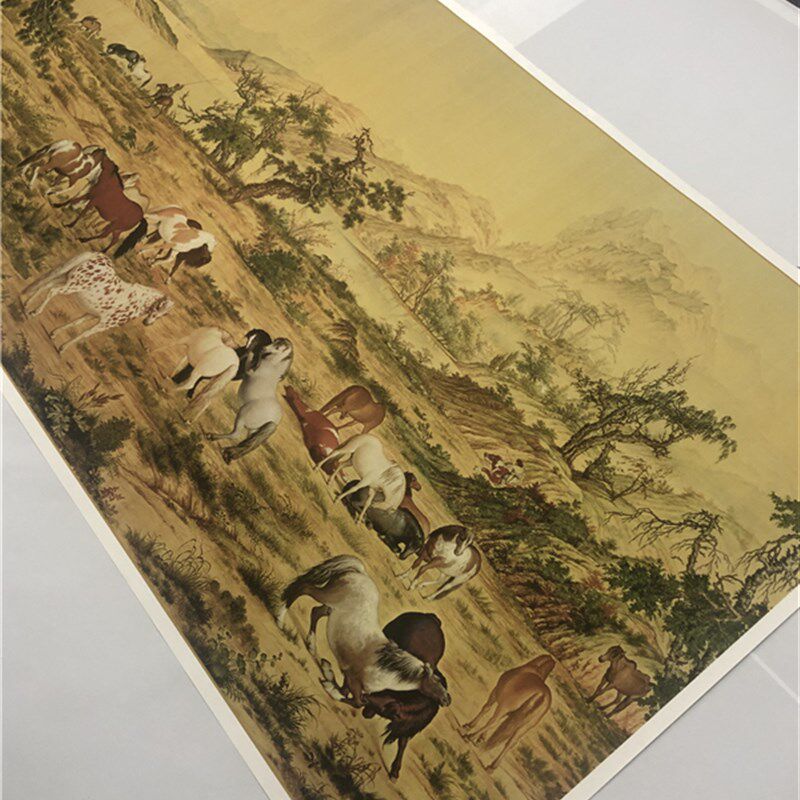清 郎世宁 百骏图百马图古典重彩十大名画长卷巨幅微喷明清装饰画