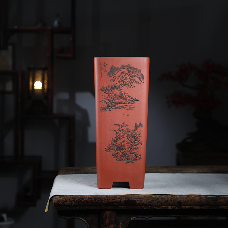 尚扣紫砂 四方41cm高花盆 悬崖桩盆景 手工室内桌面古典绿植花器