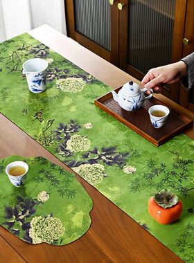 防水茶席云纱布艺茶旗茶垫子新中式禅意茶桌桌旗双面长条茶几桌布