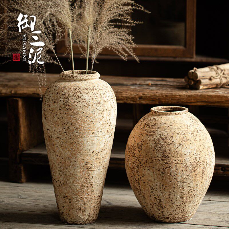 御三泥纯手工陶瓷插干花家居摆件复古花瓶粗陶侘寂风落地民宿陶罐