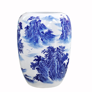 景德镇陶瓷器青花瓷书画缸卷轴缸插花山水字画缸收纳装云山秀峰