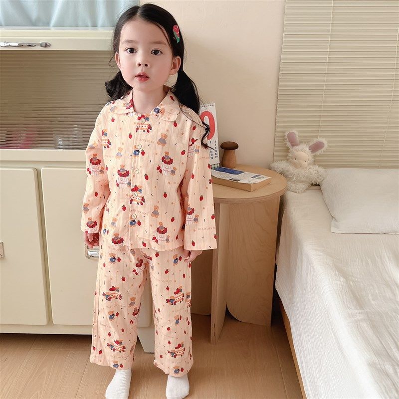 亲子款温馨宅家~A类纯棉儿童睡衣套装春秋洋气翻领男女宝宝家居服