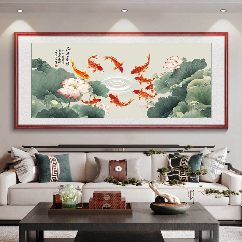 2026新款荷花九鱼图挂画中式国画客厅装饰画沙发背景墙高级感壁画