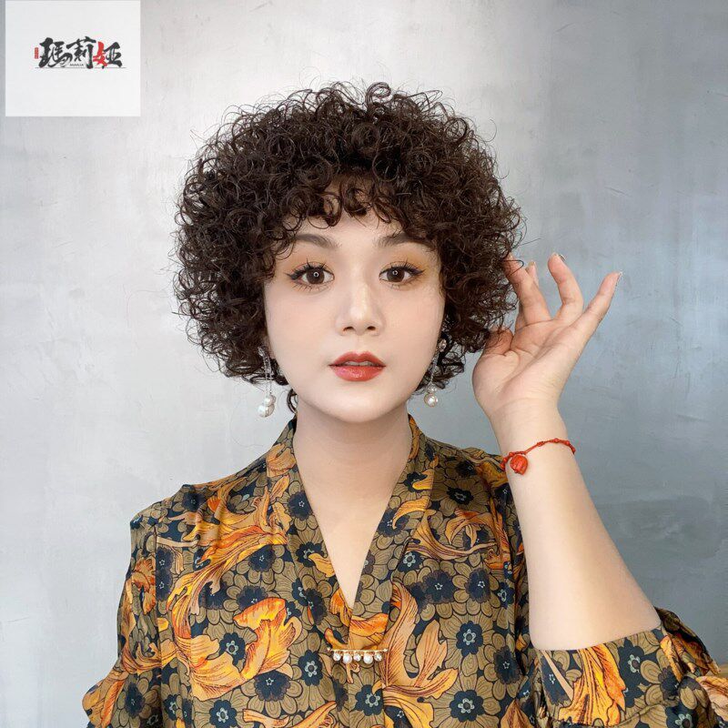 假发女短卷发斜刘海羊毛卷真人发丝假发套整顶女士蓬松盖白发减龄