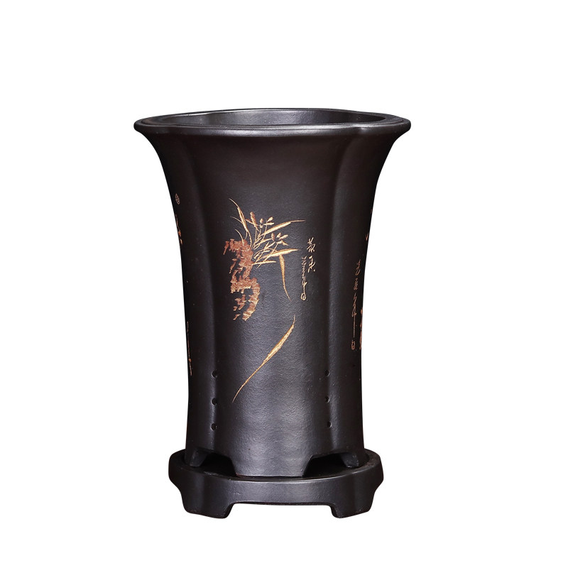 紫砂兰花专用盆高款带底座四方盆束腰刻绘兰草陶瓷盆景盆春兰花盆