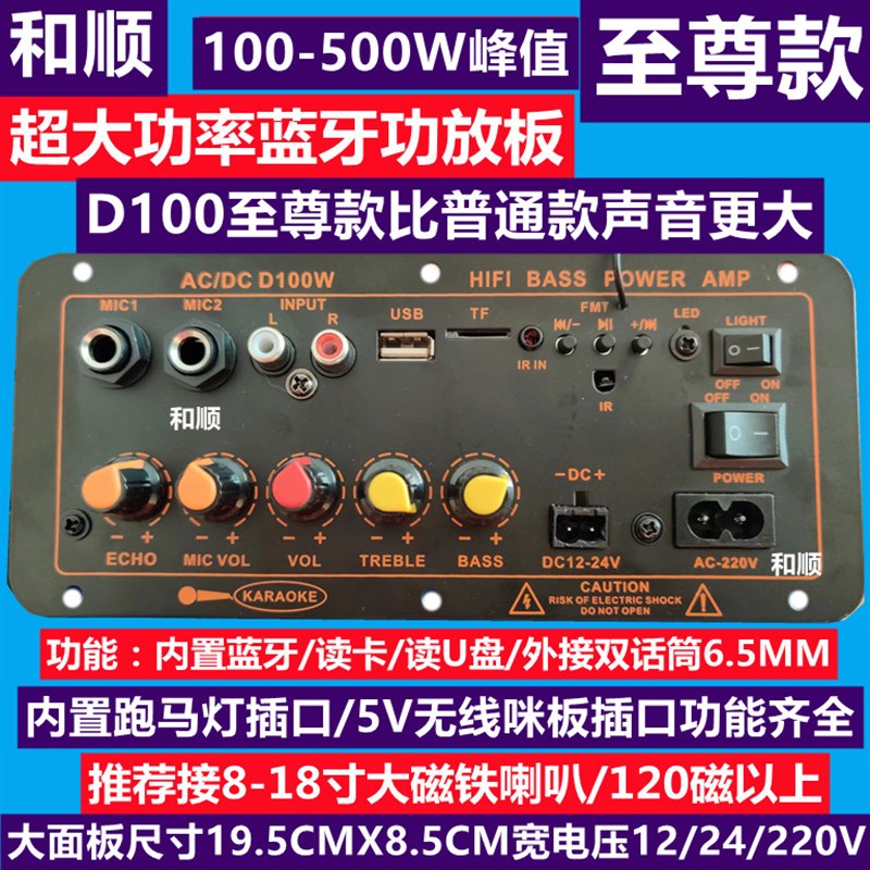 D100至尊款8-18寸大板蓝牙功放板家用220V直流12-24V可内置5V无线
