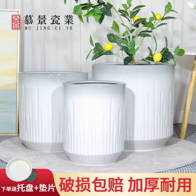 简约陶瓷大花盆大口径高筒创意花卉富贵竹发财树绿植盆栽种树专用