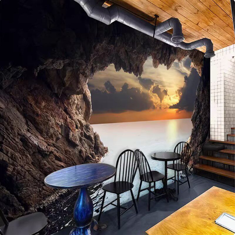 洞穴山洞壁纸大自然风景客厅沙发背景墙3d立体延伸空间餐饮店墙纸