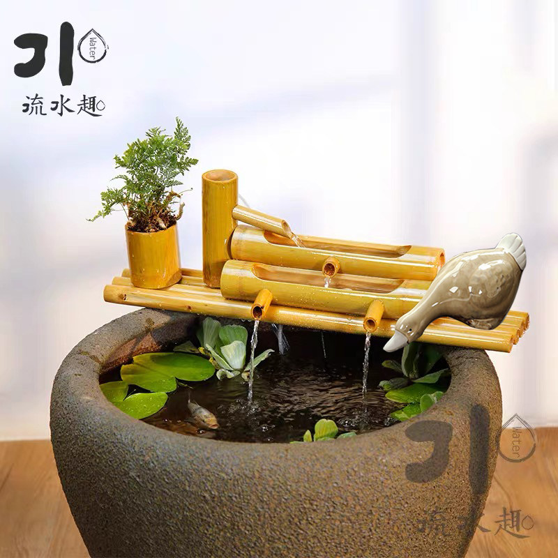 老式荷花大水缸复古竹排竹子流水摆件门海鱼缸庭院户外客厅阳台景