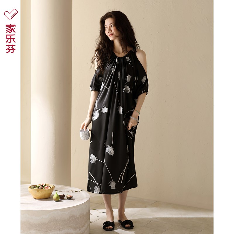 睡裙女睡衣短袖丝绸冰丝夏季夏天长款连衣裙休闲可外穿黑色高级感