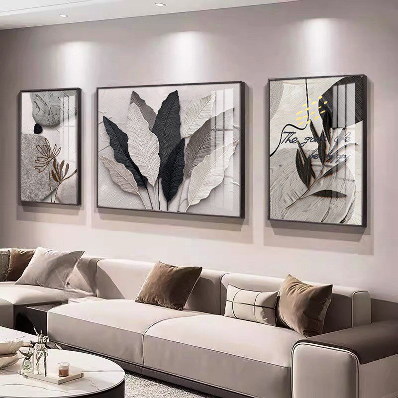 黑白灰客厅装饰画 画沙发背景墙挂画 画北欧壁画 画现代简约叶子