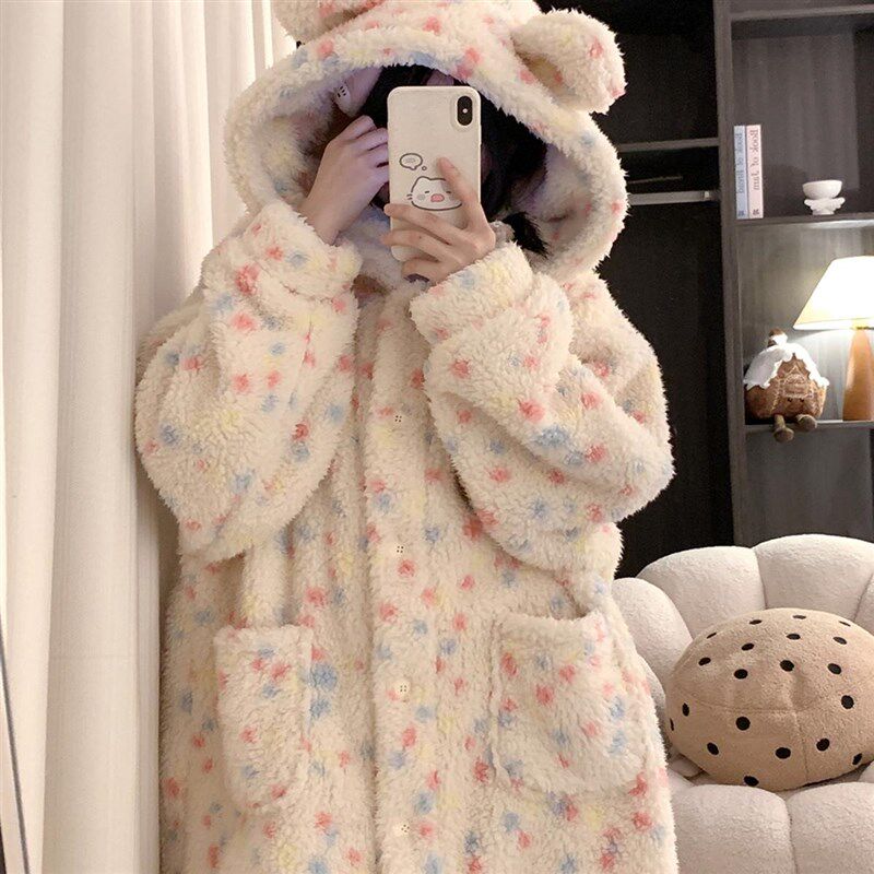 可爱少女珊瑚绒睡袍女冬季加绒加厚家居服套装秋冬天2024新款睡衣