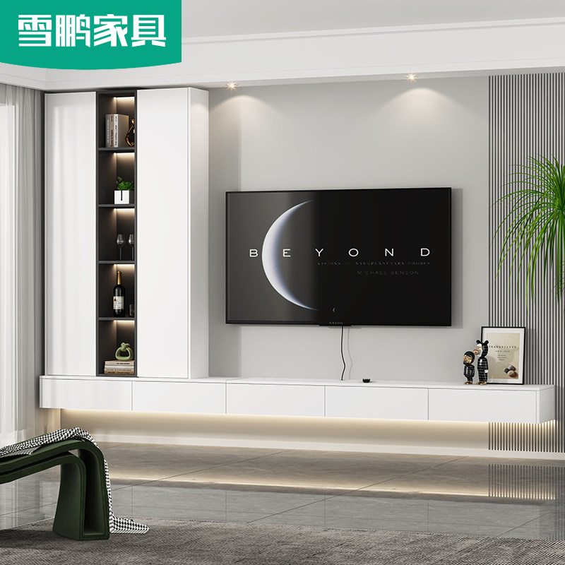 简约壁挂悬空电视机柜小户型客厅悬浮电视背景墙储物书柜书架一体