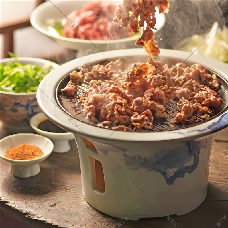 中式铁板烧烤肉圆形青花饭店保温北京盘子炉座加热陶瓷特色创意炉