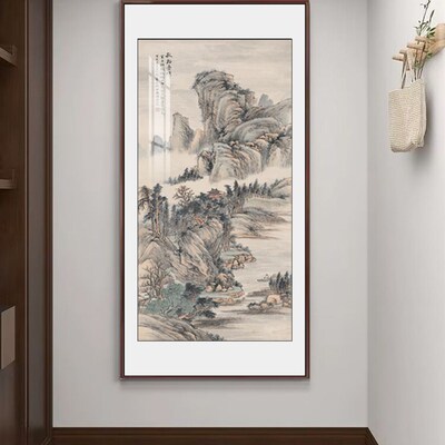 新中式玄关装饰画山水画鸿运当头走廊竖版玄幻挂画办公室茶室壁画