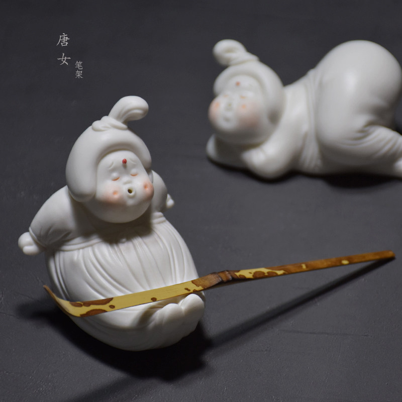 创意可爱手工陶瓷唐女文房家用用品笔架丑萌桌面摆件仕女小装饰品