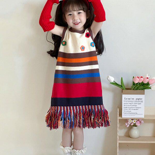 小蜜糖童装女童花朵毛衣裙秋冬新款儿童可爱条纹流苏针织背心裙潮