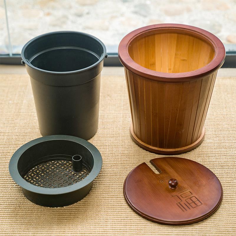 祥福茶水桶功夫茶具配件茶道零配储水桶竹制废水桶家用茶渣桶带盖