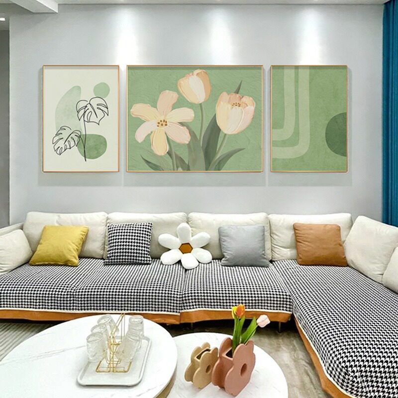奶油原木风客厅三联装饰画郁金香花肌理艺术画沙发后背景墙壁挂画