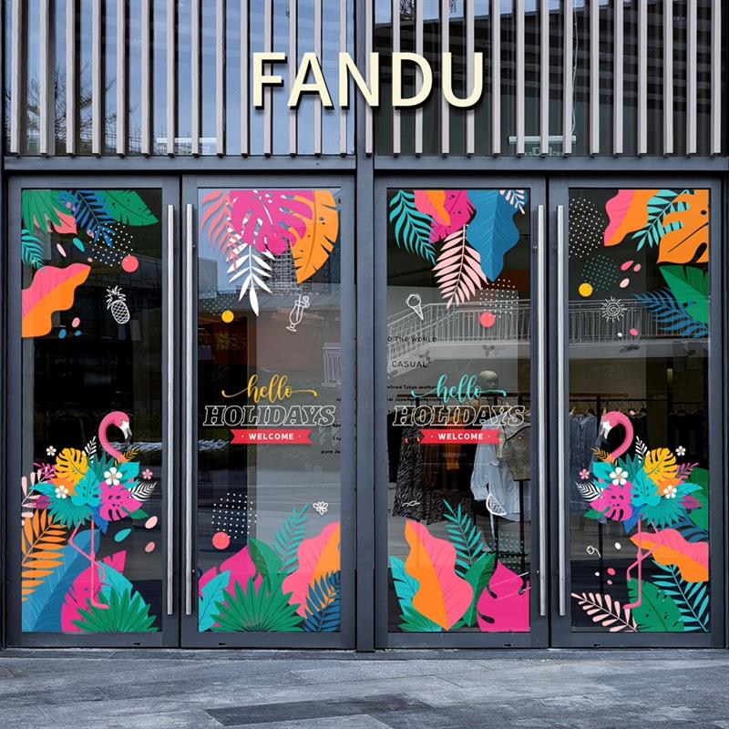 北欧火烈鸟玻璃贴纸商场珠宝店旅游酒店夏天热带植物窗花装饰布置