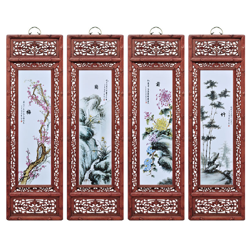 名家陶瓷画梅兰竹菊画景德镇瓷板画仿古四条屏沙发壁画背景墙挂画