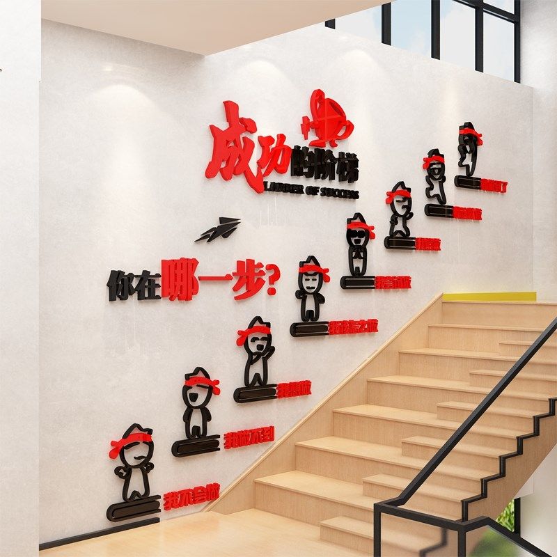 公司文化墙体企业楼梯办室面装饰背景励志标语贴画布置成功的台阶