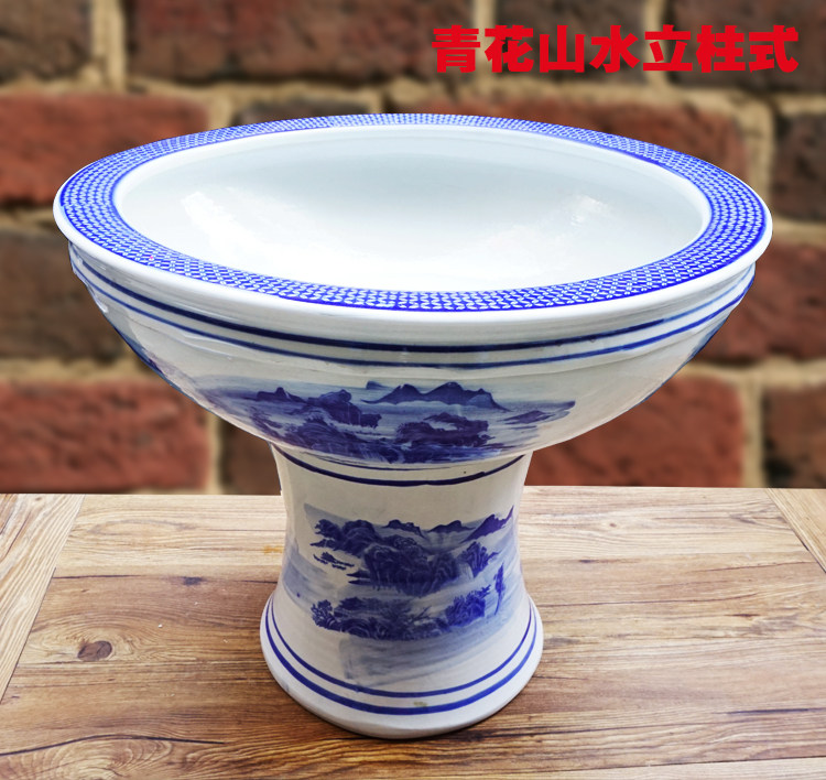 包邮陶瓷鱼缸青花立柱式水浅景德镇特大号养金鱼乌龟缸过滤创意