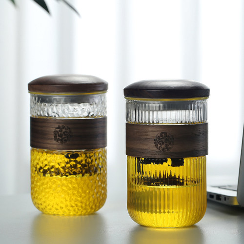 玻璃泡茶杯 茶水分离杯 日式锤文耐热带盖小号木套防烫办公室水杯