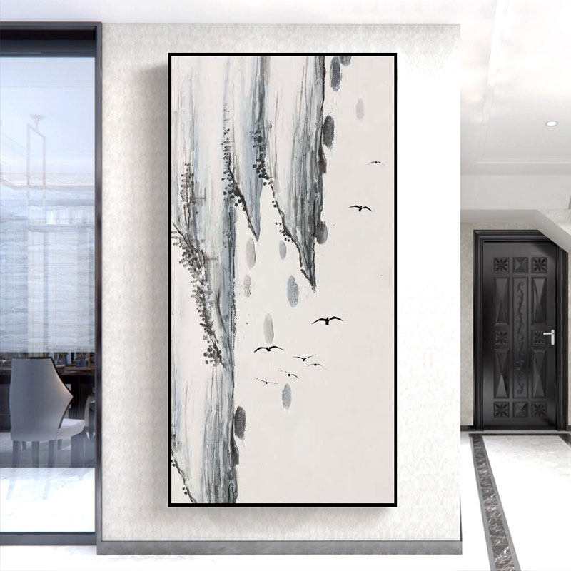 新中式禅意超大幅入户玄关装饰画写意水墨画竖版客厅壁画过道挂画