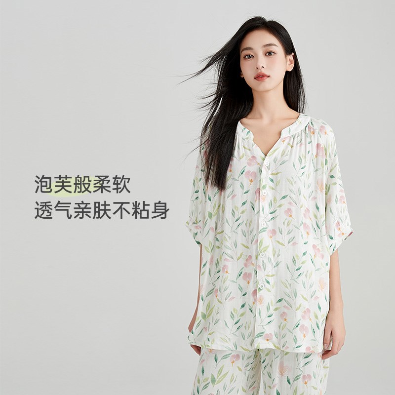 纳多果立领短袖家居服宽松女士春季舒适薄款居家睡衣衬衫月子服