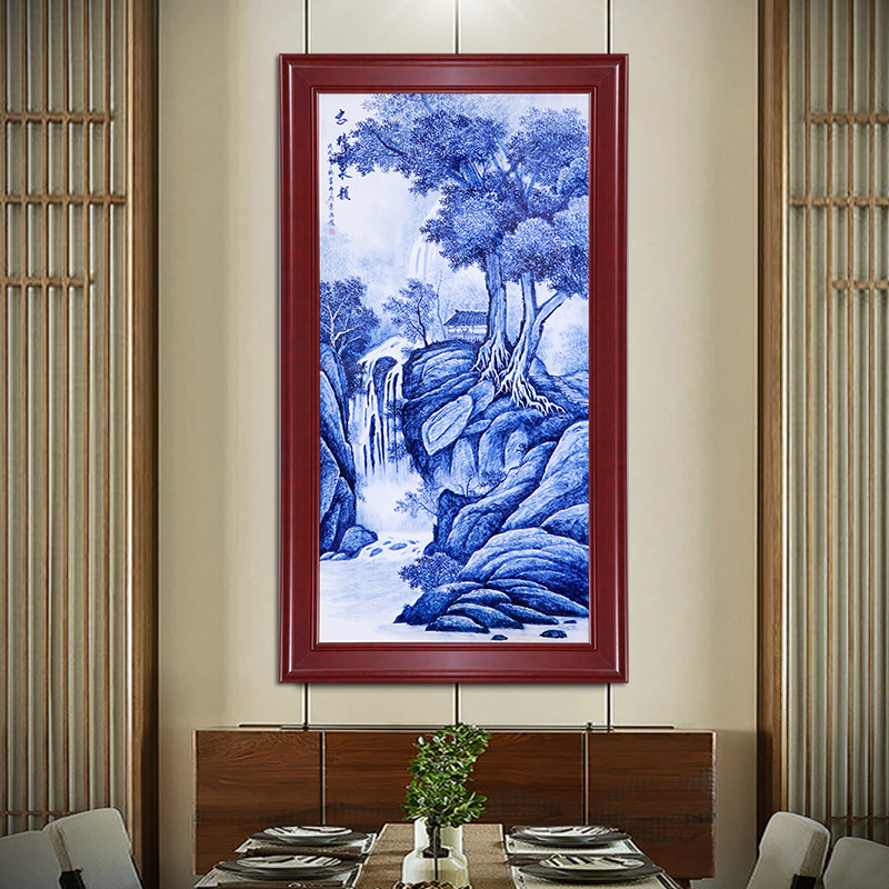 景德镇手绘陶瓷瓷板画竖版山水壁画中式家居客厅过道玄关装饰挂画