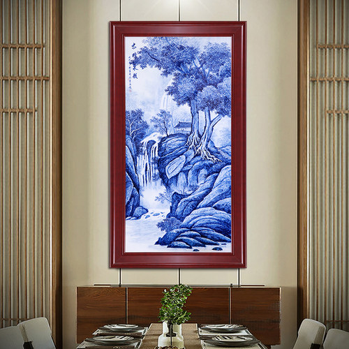 景德镇手绘陶瓷瓷板画竖版山水壁画中式家居客厅过道玄关装饰挂画