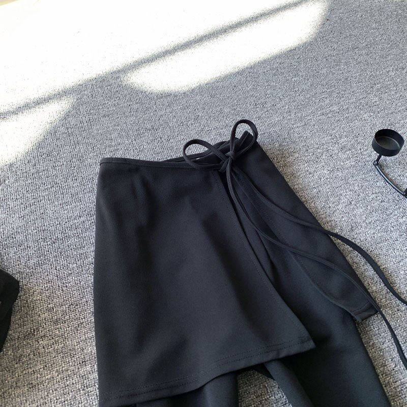 假两件黑色高腰休闲裤女春夏瑜伽遮臀裙弹力显瘦垂感西装喇叭长裤