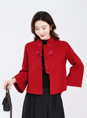中国结过年红毛呢外套女2024年新款秋冬千金风红色呢子羊毛大衣女